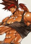  1boy abs alternate_costume bara black_tank_top brown_hair chest glowing glowing_eyes guilty_gear headgear lifted_by_self long_hair male_focus muscle na_insoo navel ponytail shiny shiny_skin shirt_lift simple_background sol_badguy solo spiked_hair tank_top upper_body yellow_eyes 
