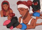  1girl 2gou alternate_hairstyle apex_legends ass bare_legs bare_shoulders black_headband black_hoodie black_shirt blue_shorts breasts brown_eyes brown_lips character_name closed_mouth collarbone commentary_request dark_skin double_bun eyelashes freckles from_behind hair_down headband highres hood hood_down hoodie lifeline_(apex_legends) lips long_hair long_sleeves looking_at_viewer lying makeup mascara multiple_views nose on_stomach red_hair shirt short_hair short_shorts shorts smile smirk stretch tank_top white_headband white_tank_top 