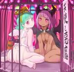  2girls angel_wings apron ass bangs barefoot black_cape black_hairband blush breasts cage cape collarbone commentary_request dark_skin demon_horns demon_wings eyebrows_visible_through_hair fake_horns fake_wings green_hair hairband halo heart heart-shaped_pupils himeshaga horns large_breasts looking_at_viewer multiple_girls naked_apron naked_cape on_ground original pale_skin pink_eyes pink_hair sitting skull_ornament smile symbol-shaped_pupils v_arms wings 