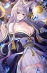 1girl absurdres animal_ear_fluff animal_ears artist_request azur_lane blue_butterfly blue_collar blue_kimono breasts collar fox_ears fox_girl highres japanese_clothes kimono kitsune kyuubi large_breasts large_tail long_hair moon_phases multiple_tails off-shoulder_kimono off_shoulder pleated_skirt shinano_(azur_lane) silver_hair skindentation skirt skirt_under_kimono solo sword tail thighhighs weapon white_legwear white_skirt white_tail wide_sleeves zettai_ryouiki 