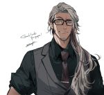  1boy alternate_hair_length alternate_hairstyle arurandis collared_shirt dark_skin dark_skinned_male facial_hair green_eyes grey_hair grin highres holostars hotate_rayan long_hair male_focus necktie shirt smile solo upper_body vest virtual_youtuber 