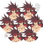  1boy :p blush brown_hair chest collage collarbone expressions face guilty_gear headgear heart heart-shaped_pupils long_hair male_focus multiple_views muscle na_insoo open_clothes pelvic_curtain ponytail saliva shiny shiny_skin sigh simple_background smirk sol_badguy spiked_hair symbol-shaped_pupils tongue tongue_out yellow_eyes 