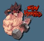  1boy abs bara bare_chest brown_hair chest cropped_torso dumbbell english_text guilty_gear headgear long_hair looking_at_viewer male_focus muscle na_insoo nipples ponytail shiny shiny_skin shirtless simple_background sol_badguy solo spiked_hair splashing water yellow_eyes 