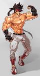  1boy abs armpit_peek bara baseball belt belt_buckle brown_hair buckle bulge chest fingerless_gloves flexing full_body gloves guilty_gear headgear highres long_hair male_focus muscle na_insoo navel nipples pants ponytail pose shiny shiny_skin shirtless shoes simple_background sol_badguy solo spiked_hair sportswear thighs tight track_pants yellow_eyes 