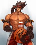  1boy abs alternate_costume ball bar_censor bara bare_chest basketball basketball_uniform brown_hair censored chest commission cowboy_shot erection fingerless_gloves from_below gloves guilty_gear headgear holding holding_ball long_hair male_focus male_masturbation masturbation muscle na_insoo navel nipples penis ponytail precum saliva saliva_trail shiny shiny_skin simple_background sol_badguy solo spiked_hair sportswear yellow_eyes 