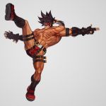  1boy abs alternate_costume bara belt_buckle brown_hair buckle bulge chest fingerless_gloves full_body gloves guilty_gear harness headgear highres long_hair male_focus male_swimwear muscle na_insoo navel nipples pelvic_curtain ponytail shiny shiny_skin shoes simple_background sol_badguy solo spiked_hair split spread_legs standing standing_on_one_leg standing_split swim_briefs swimwear veins yellow_eyes 