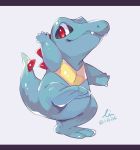  absurdres artist_name closed_mouth commentary_request fangs full_body gen_2_pokemon hideko_(l33l3b) highres looking_to_the_side pokemon pokemon_(creature) red_eyes shiny signature solo totodile watermark 