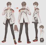  1boy absurdres atelier_live brown_hair character_sheet english_commentary europa_yuu from_side glasses grey_background highres jacket looking_at_viewer multiple_views round_eyewear softmode standing virtual_youtuber 