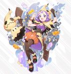  1girl acerola_(pokemon) artist_name bangs black_gloves blush bracelet brown_legwear candy_wrapper commentary cosplay eyelashes fangs gen_7_pokemon gloves hands_up highres hood hood_up jewelry kusuribe mimikyu mimikyu_(cosplay) open_mouth pokemon pokemon_(creature) pokemon_(game) pokemon_masters_ex purple_hair shoes single_glove smile tongue 