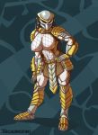  2020 abstract_background alien armor big_breasts breasts claws female fishnet fishnet_topwear full-length_portrait hand_on_hip hi_res humanoid mask muscular muscular_female muscular_humanoid nipples not_furry portrait predator_(franchise) solo spots standing thechurroman yautja 