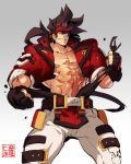  1boy abs alternate_costume bara belt_buckle brown_hair buckle chest feet_out_of_frame fingerless_gloves gloves guilty_gear harness headgear long_hair male_focus muscle na_insoo navel open_clothes pelvic_curtain ponytail shiny shiny_skin simple_background sol_badguy solo spiked_hair tearing_clothes thick_thighs thighs tight torn_clothes yellow_eyes 