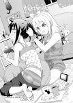  2girls :d animal_print artist_name ass bags_under_eyes barefoot bedroom black_hair blush bow bow_hairband camisole cat_print cellphone clock commentary_request controller couch cup curling_iron curtains cushion drawer dutch_angle eyebrows_visible_through_hair game_controller greyscale hairband hairdressing highres hikaru_(ofuton_at5) holding holding_controller holding_game_controller indoors kuroki_tomoko long_hair looking_at_another magazine monochrome mug multiple_girls nemoto_hina open_magazine open_mouth panties pants pants_pull phone photo_(object) playing_games polka_dot polka_dot_camisole polka_dot_scrunchie ponytail ribbon scrunchie shorts sitting smartphone smile striped striped_camisole striped_panties striped_shorts stuffed_animal stuffed_bunny stuffed_toy sweatdrop two_side_up underwear wall_clock watashi_ga_motenai_no_wa_dou_kangaetemo_omaera_ga_warui! window 