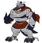  2019 4_fingers 4_toes anthro anthrofied beak big_muscles cawaden clothing corviknight costume fierglief fingers hi_res huge_muscles looking_at_viewer male mummy muscular muscular_anthro muscular_male nintendo plantigrade pok&eacute;mon pok&eacute;mon_(species) rugged_beak scarf simple_background solo standing toes undead video_games white_background yellow_eyes 