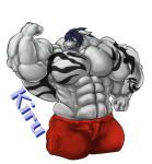  2015 anthro az-solii badge beard big_muscles blue_hair bottomwear bovid caprine clothed clothing facial_hair fierglief fist flexing goat hair horn huge_muscles hyper hyper_muscles male mammal muscular muscular_anthro muscular_male pants simple_background solo text topless veiny_muscles white_background 