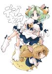  2girls animal_ears animal_hat bangs bell blue_bow blue_dress blush bow brown_eyes brown_hair cat_ears cat_hat cat_tail commentary dejiko di_gi_charat dot_nose dress expressionless eyebrows_visible_through_hair frilled_dress frills frown full_body gema gloves green_hair hair_bell hair_ornament hat highres jingle_bell kasa long_hair looking_at_viewer multiple_girls no_nose paws puchiko puffy_short_sleeves puffy_sleeves school_uniform short_hair short_sleeves simple_background smile tail tail_bow white_background white_footwear white_gloves 