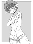  1girl absurdres ass_visible_through_thighs bikini border breasts closed_mouth commentary_request covering covering_breasts covering_crotch cowboy_shot dissolving_clothes dutch_angle erwin_(girls_und_panzer) girls_und_panzer goggles goggles_on_headwear greyscale hat highres light_blush looking_at_viewer military_hat monochrome navel outside_border partial_commentary peaked_cap pointy_hair renshiu short_hair small_breasts smile solo standing sweatdrop swimsuit 