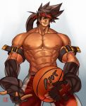  1boy abs alternate_costume ball bara basketball basketball_uniform brown_hair chest commission cowboy_shot fingerless_gloves from_below gloves guilty_gear headgear holding holding_ball long_hair male_focus muscle na_insoo navel nipples ponytail shiny shiny_skin shirtless simple_background sol_badguy solo spiked_hair sportswear tight yellow_eyes 