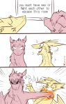  ambiguous_gender catkitte comic digital_media_(artwork) dragon duo english_text hair hi_res humor knockout open_mouth open_smile pink_body pink_hair pink_scales punch scales semi-anthro smile text yellow_body yellow_scales 