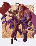  2boys araki_hirohiko_(style) boots cape commentary el_chapulin_colorado el_chapulin_colorado_(series) el_chavo el_chavo_del_ocho full_body green_lipstick gui_ttb hammer heart highres holding holding_hammer holding_weapon jojo_no_kimyou_na_bouken jojo_pose lipstick makeup male_focus menacing_(jojo) multiple_boys muscle parody pointing pointing_at_viewer pose shirt short_sleeves stand_(jojo) striped striped_shirt style_parody suspenders toy_hammer weapon 