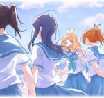  4girls antenna_hair blonde_hair blue_hair blue_neckwear blue_sailor_collar blue_skirt brown_hair cloud green_eyes hibike!_euphonium kasaki_nozomi kitauji_high_school_uniform liz_to_aoi_tori long_hair medium_hair multiple_girls nakagawa_natsuki neckerchief outdoors pleated_skirt ponytail red_hair sailor_collar school_uniform shirt short_sleeves skirt sky standing uniform white_shirt yoroizuka_mizore yoshikawa_yuuko yuuyu_(777) 