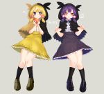  2girls :t absurdres apple bangs black_capelet black_footwear black_legwear black_skirt blonde_hair blush brown_capelet brown_footwear capelet claw_pose closed_mouth daifukumochi_(akaaokiiwo) eating eighth_note eyebrows_visible_through_hair food frilled_skirt frills fruit gen_8_pokemon grey_background grey_eyes highres holding holding_food holding_fruit hood hood_up hooded_capelet loafers long_hair looking_at_viewer morpeko morpeko_(full) morpeko_(hangry) multiple_girls musical_note nail_polish personification pokedex_number pokemon purple_hair red_apple red_eyes red_nails ribbed_legwear shoes simple_background skirt socks v-shaped_eyebrows yellow_skirt 