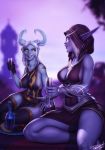  5_fingers alcohol beverage big_breasts blizzard_entertainment breasts clothed clothing dialogue draenei eye_contact female fingers food fruit glass hair hi_res holding_glass holding_object hood horn humanoid humanoid_pointy_ears legwear looking_at_another mammal nightborne not_furry outside personalami piercing plant purple_body purple_skin sitting smile teeth thigh_highs video_games warcraft white_hair wine yellow_eyes 