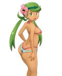  1girl ass back bangs bikini blue_bikini breasts commentary_request dark_skin eyebrows_visible_through_hair flower green_eyes green_hair hair_flower hair_ornament hair_tie highleg highleg_bikini long_hair looking_at_viewer mallow_(pokemon) medium_breasts multi-strapped_bikini open_mouth pink_bikini pink_flower pokemon pokemon_(game) pokemon_sm sideboob simple_background skindentation smile solo standing striped striped_bikini swept_bangs swimsuit thighs thong_bikini tof twintails white_background 