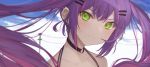 1girl absurdres bare_shoulders blush choker cloud fang fang_out floating_hair green_eyes hair_ornament hairclip highres hololive long_hair looking_at_viewer multiple_piercings outdoors purple_hair takasumikei tokoyami_towa twintails virtual_youtuber wind 