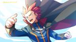  1boy artist_name black_cape cape clenched_hand commentary_request hands_up highres lance_(pokemon) lobolobo2010 long_sleeves male_focus open_mouth pokemon pokemon_(game) pokemon_hgss red_hair sketch solo spiked_hair teeth tongue watermark 