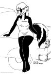  1964_ford_galaxie_500 2019 anthro anthro_skunk car clothed clothing dress ear_piercing ear_ring female ford ford_motor_company fur hair kelly_o&#039;dor mammal mephitid monochrome piercing skunk solo striped_skunk tegerio vehicle zandar&#039;s_saga 