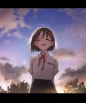  1girl arms_behind_back blue_skirt booota brown_hair closed_eyes cloud collared_shirt crying evening open_mouth original outdoors pleated_skirt red_neckwear school_uniform shirt short_hair short_sleeves skirt sky solo standing tears tree uniform white_shirt 