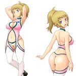  1girl adapted_costume armpits arms_behind_head arms_up ass back bangs black_footwear blue_eyes breasts brown_hair cleavage_cutout closed_mouth clothing_cutout commentary_request covered_nipples from_behind gundam gundam_build_fighters gundam_build_fighters_try hair_ornament hair_scrunchie halterneck highres hoshino_fumina large_breasts looking_at_viewer looking_back medium_hair navel open_mouth panties pink_scrunchie pink_shirt ponytail scrunchie shirt shoes shoulder_blades sidelocks simple_background skindentation smile standing standing_on_one_leg thighhighs thong tof underwear white_background white_legwear white_panties 