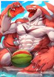  abs anthro biceps claws fish food fruit hi_res male marine melon muscular muscular_anthro muscular_male pecs plant rabbity red_body shark sitting solo summer teeth volker_(rabbity) water watermelon white_eyes 