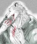  anthro beastars black_and_white brown_bear clothed clothing eating fangs food fruit fur hi_res jacket joze_osaka licking male mammal monochrome open_mouth plant riz_(beastars) sharp_teeth shirt solo stain stained_clothing teeth tomato tongue tongue_out topwear ursid ursine 