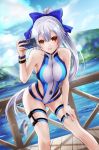  1girl alicexxxfragment bare_shoulders blue_bow blue_sky blue_swimsuit bow breasts cellphone cloud collarbone commentary_request competition_swimsuit fate/grand_order fate_(series) hair_between_eyes hair_bow hand_on_thigh highleg highleg_swimsuit highres holding holding_phone large_breasts leaning_forward long_hair looking_at_viewer mitsudomoe_(shape) mountain one-piece_swimsuit outdoors phone ponytail red_eyes shark silver_hair sky smartphone smile solo striped striped_swimsuit striped_wristband swimsuit thigh_strap tomoe_(symbol) tomoe_gozen_(fate/grand_order) tomoe_gozen_(swimsuit_saber)_(fate) very_long_hair water white_swimsuit wristband 