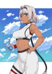  1girl abs absurdres bangs bare_shoulders blue_eyes blue_sky bottle breasts caenis_(fate) closed_mouth dark_skin fate/grand_order fate_(series) hair_intakes hairband hand_on_hip highres jaheterbang large_breasts long_hair looking_at_viewer midriff navel pants ponytail sky sports_bra sportswear thighs very_long_hair water_bottle white_hair white_pants white_sports_bra yoga_pants 