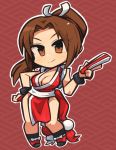 1girl breasts brown_eyes brown_hair chibi cleavage fan fatal_fury folding_fan full_body hand_on_hip ibara. long_hair looking_at_viewer paper_fan pelvic_curtain ponytail red_background shiranui_mai smile solo 