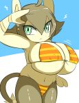  2020 anthro big_breasts bikini bikini_bottom bikini_top black_nose breasts brown_hair clothing ear_piercing ear_ring female green_eyes hair hi_res luxio navel nintendo nipple_outline piercing pok&eacute;mon pok&eacute;mon_(species) shiny_pok&eacute;mon short_stack simple_background solo sugaru swimwear video_games 