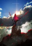  1girl back cloud cloudy_sky commentary_request copyright_name dual_wielding fate/grand_order fate_(series) from_behind hill holding long_hair otsumami_(bu-bu-heaven) paint_splatter photo_background red_hair scathach_(fate)_(all) scathach_(fate/grand_order) sky solo standing sun 