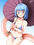  1girl ass_visible_through_thighs bangs bare_shoulders bikini blue_background blue_bikini blue_eyes blue_hair blush breasts cleavage collarbone commentary dated deego_(omochi_bazooka) eyebrows_visible_through_hair groin heterochromia highres holding holding_umbrella large_breasts looking_at_viewer navel open_mouth red_eyes shiny shiny_hair shiny_skin short_hair side-tie_bikini smile standing string_bikini swimsuit tatara_kogasa thigh_gap thighs tongue touhou twitter_username umbrella 