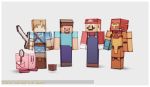  1girl 3boys arm_cannon blonde_hair blue_eyes blue_shirt cube facial_hair gloves grey_background highres kirby kirby_(series) link mario mario_(series) metroid minecraft multiple_boys mustache nin_nakajima overalls power_armor purple_eyes samus_aran shirt shovel simple_background steve_(minecraft) sword the_legend_of_zelda the_legend_of_zelda:_breath_of_the_wild tunic weapon white_gloves 