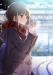  1girl arms_up backpack bag blurry blurry_background booota breath brown_eyes brown_hair hands_together jacket long_hair long_sleeves original outdoors parted_lips plaid plaid_neckwear plaid_scarf railroad_tracks scarf sky solo standing train_station 