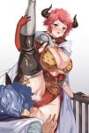  1boy 1girl black_legwear blue_hair breasts cleavage commentary_request drang_(granblue_fantasy) earrings eno_yukimi gradient gradient_background granblue_fantasy grey_background horns jewelry large_breasts red_hair split standing standing_on_one_leg standing_split sturm_(granblue_fantasy) thighhighs 