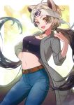  1girl alternate_hair_length alternate_hairstyle animal_ears bear_ears bear_girl belt black_hair breasts brown_eyes buttons casual cleavage coat collarbone contemporary denim extra_ears ezo_brown_bear_(kemono_friends) floating_hair grey_hair hand_up hasumikaoru headband heart_pendant jeans jewelry kemono_friends kemono_friends_3 long_hair looking_at_viewer medium_breasts midriff multicolored_hair navel open_clothes open_coat open_mouth pants pendant smile solo stomach tank_top trench_coat twintails very_long_hair 