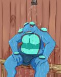  amphibian anthro bulge clothed clothing digital_media_(artwork) goopyarts_(artist) hi_res male nintendo open_mouth pok&eacute;mon pok&eacute;mon_(species) seismitoad shower simple_background sitting slightly_chubby solo thick_thighs video_games wet 