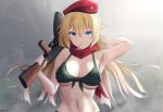  1girl ak-47 ak47_(girls_frontline) arm_up armpits assault_rifle bare_arms bare_shoulders beret bikini bikini_top blonde_hair blue_eyes breasts cigarette cleavage front-tie_bikini front-tie_top girls_frontline green_bikini gun hat highres holding holding_gun holding_weapon keenh large_breasts long_hair looking_at_viewer mouth_hold navel over_shoulder red_headwear rifle scarf solo stomach swimsuit upper_body weapon weapon_over_shoulder 