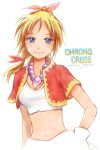  1girl bandages blonde_hair blue_eyes breasts chrono_cross closed_mouth facial_mark gloves high_ponytail hira_(otemoto84) jewelry kid_(chrono_cross) long_hair looking_at_viewer midriff multi-tied_hair navel necklace ponytail simple_background smile solo white_background 