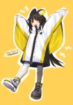  1girl :d animal_ears arms_up bangs black_hair blush_stickers boots daifukumochi_(akaaokiiwo) emolga eyebrows_visible_through_hair full_body gen_5_pokemon highres jacket long_hair long_sleeves looking_at_viewer open_mouth orange_background outline personification pokedex_number pokemon puffy_long_sleeves puffy_sleeves sleeves_past_wrists smile solo squirrel_ears thighhighs thighhighs_under_boots very_long_hair white_footwear white_jacket white_legwear white_outline yellow_eyes 