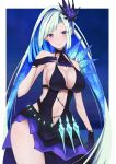  1girl bangs bare_shoulders black_gloves blue_background breasts brynhildr_(fate) cleavage crystal fate/grand_order fate/prototype fate/prototype:_fragments_of_blue_and_silver fate_(series) gloves green_hair halter_dress hand_on_own_chest long_hair midriff_cutout navel purple_eyes side_cutout sideboob single_wing sleeveless smile solo swept_bangs thighs wings yuzuruka_(bougainvillea) 