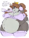  anthro belly big_belly big_breasts breasts brown_hair crown dialogue earmuffs english_text female garuda_six hair hi_res huge_breasts lagomorph leporid mammal may_(garuda_six) obese obese_anthro obese_female overweight overweight_anthro overweight_female rabbit solo text thick_thighs 